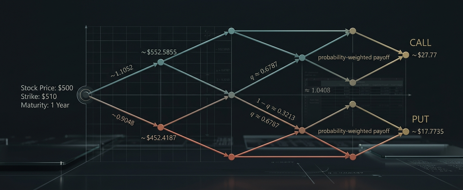 A binomial lattice worked with this post's own numbers: stock price $500, strike $510, 1-year maturity, branching up (~1.1052, to ~$552.5855) or down (~0.9048, to ~$452.4187), weighted by risk-neutral probabilities q~0.6787 and 1-q~0.3213, resolving to a call value of ~$27.77 and a put value of ~$17.7735.