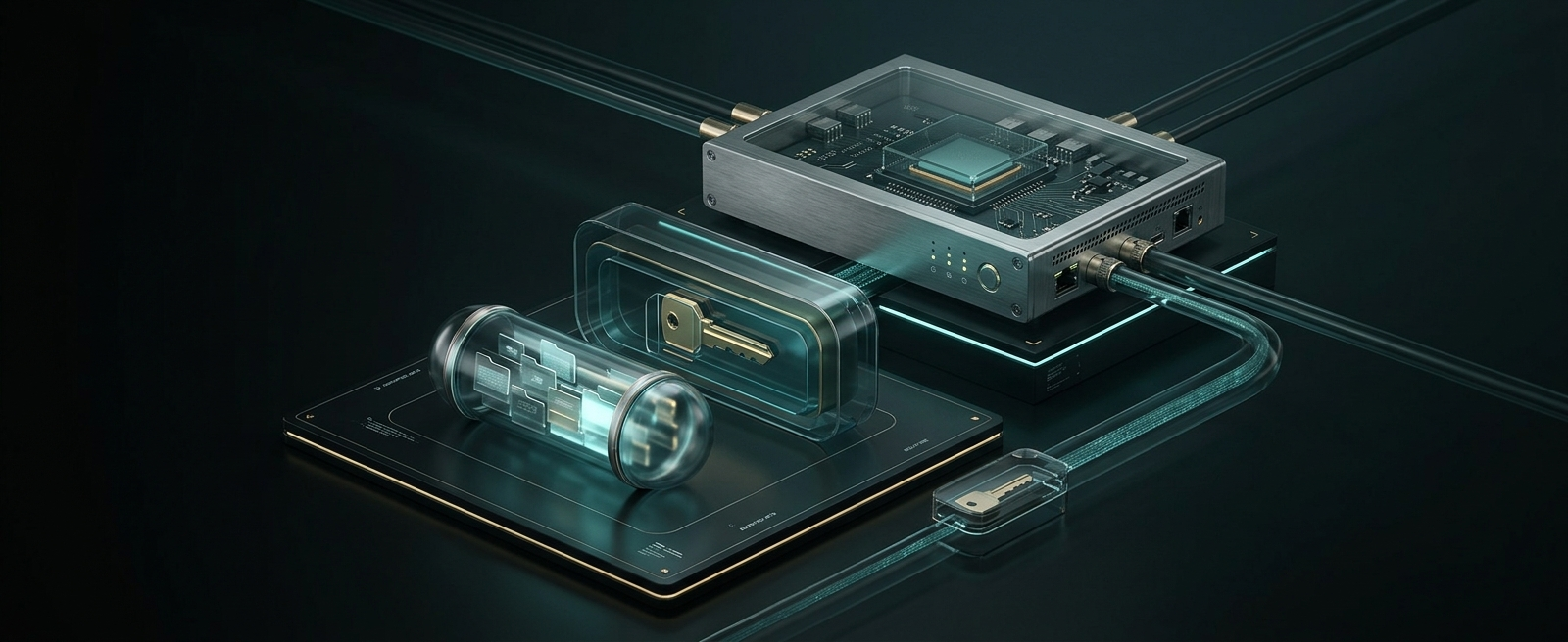 A hardware security module encasing a key-encryption key, which itself encases a data-encryption key — nested layers of protection, connected by secured channels.
