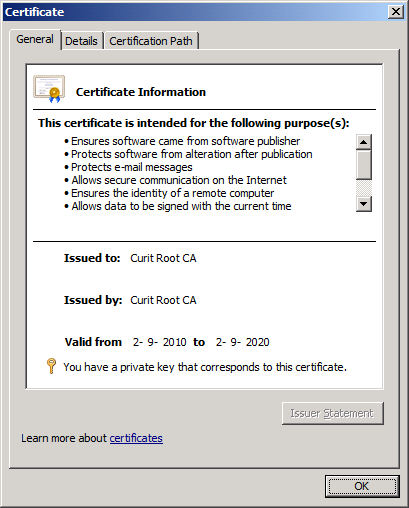 A Windows certificate dialog showing a certificate's general properties: intended purposes, issued to, issued by, and its validity dates.