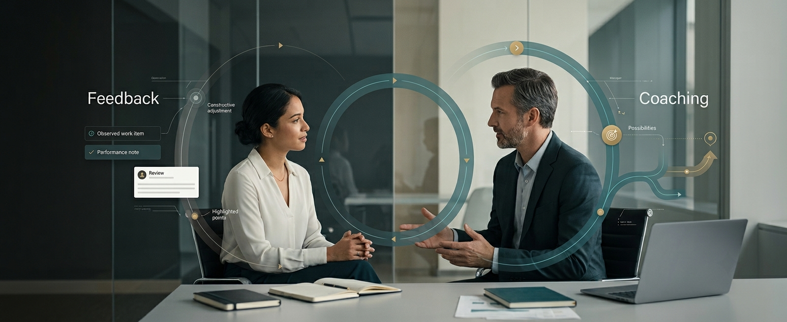 Two colleagues in conversation across a table, one side labelled Feedback (observed work item, performance note, a review card) and the other Coaching (possibilities, a forward-pointing arrow), linked by an interlocking loop diagram.