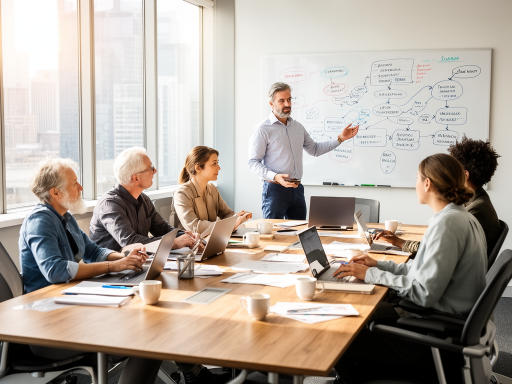 A sunlit glass-walled conference room: five professionals with laptops, notebooks and coffee cups, one presenting at a whiteboard covered in flowcharts — every detail from the prompt, present in the image.