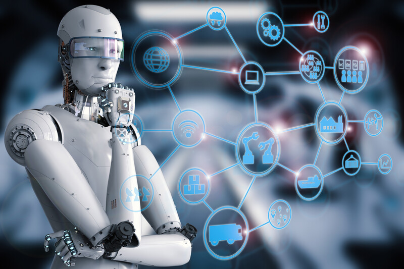 A humanoid robot considers a network of connected process icons — planning, tools and automated actions.