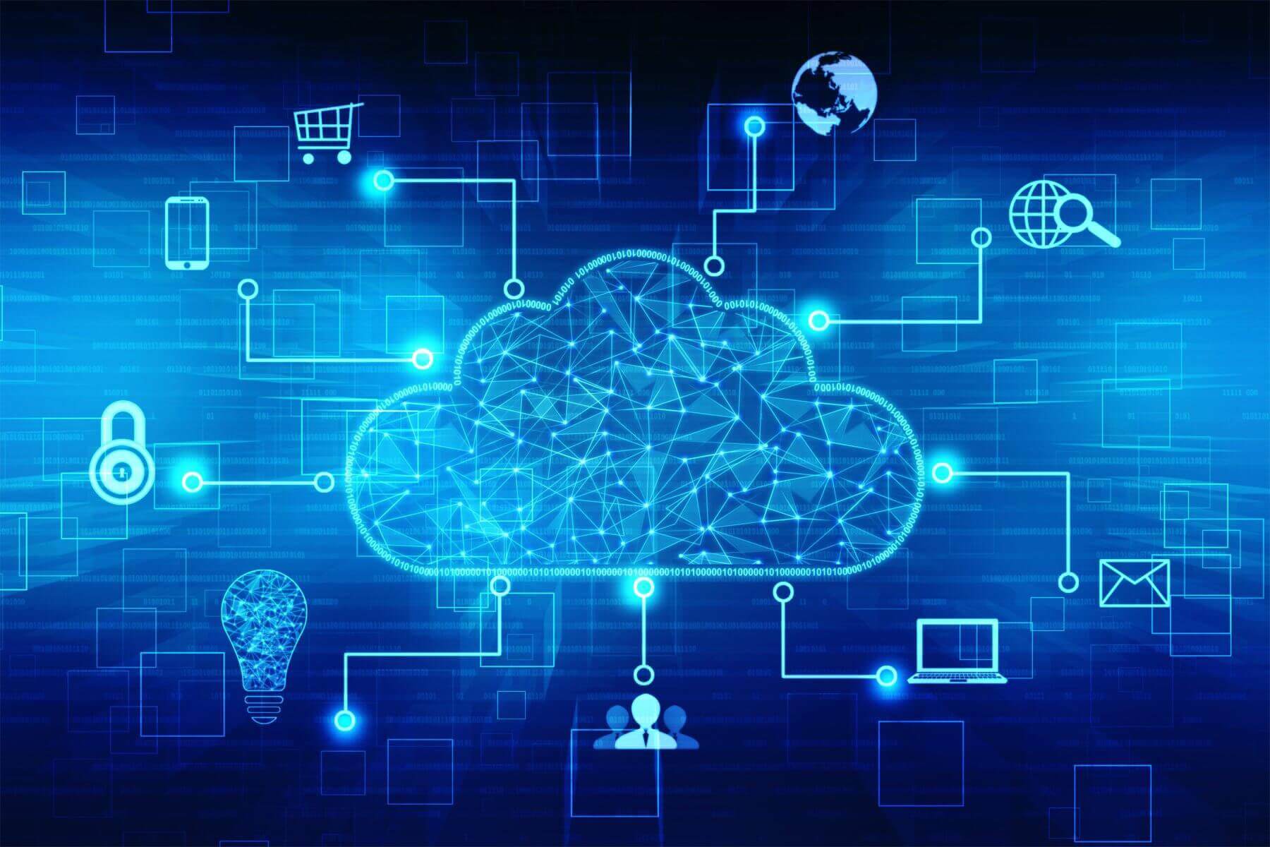 A cloud built from connected data points, wired to icons for commerce, search, security and collaboration.