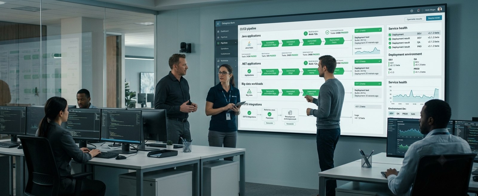 A CI/CD pipeline dashboard on a large screen, showing Java, .NET, big-data and COTS pipelines each with build, test and deploy stages passed.