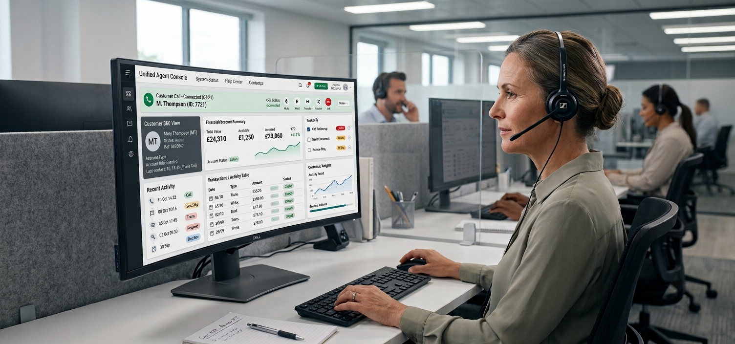 A call center agent wearing a headset works at a wide curved monitor showing a unified agent desktop, with a call panel, customer account summary, and activity table on one screen. Colleagues work at their own workstations in the background.