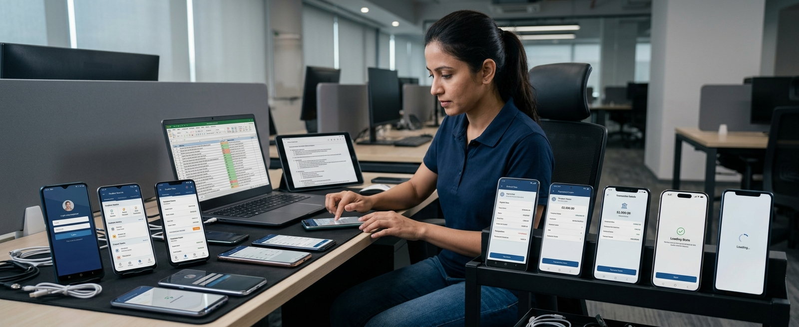 A QA engineer manually running a payment flow across a bench of phones and tablets while a laptop and tablet beside her show a spreadsheet-style test tracker.