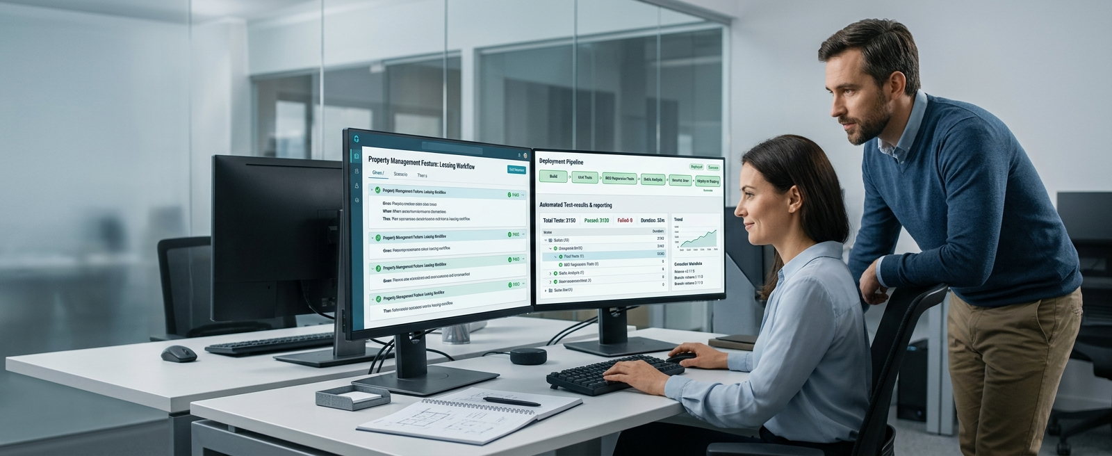Two engineers reviewing dual monitors showing a Given/When/Then BDD scenario report, all passing, beside a green deployment pipeline and automated test-results summary.