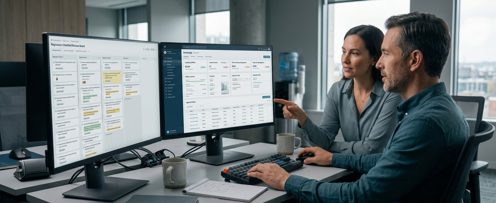 Two engineers reviewing a manual regression checklist and a property-management release dashboard on dual monitors, several checklist items still awaiting sign-off.
