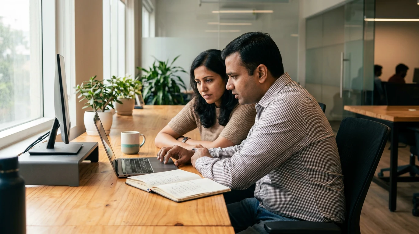 Two DivIni-style colleagues reviewing a laptop screen together at a shared desk, notebook open beside them