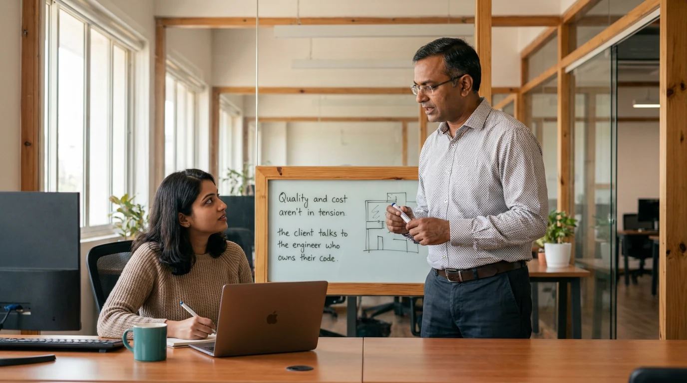 A DivIni-style engineer at a whiteboard reading “Quality and cost aren't in tension — the client talks to the engineer who owns their code,” explaining it to a seated colleague