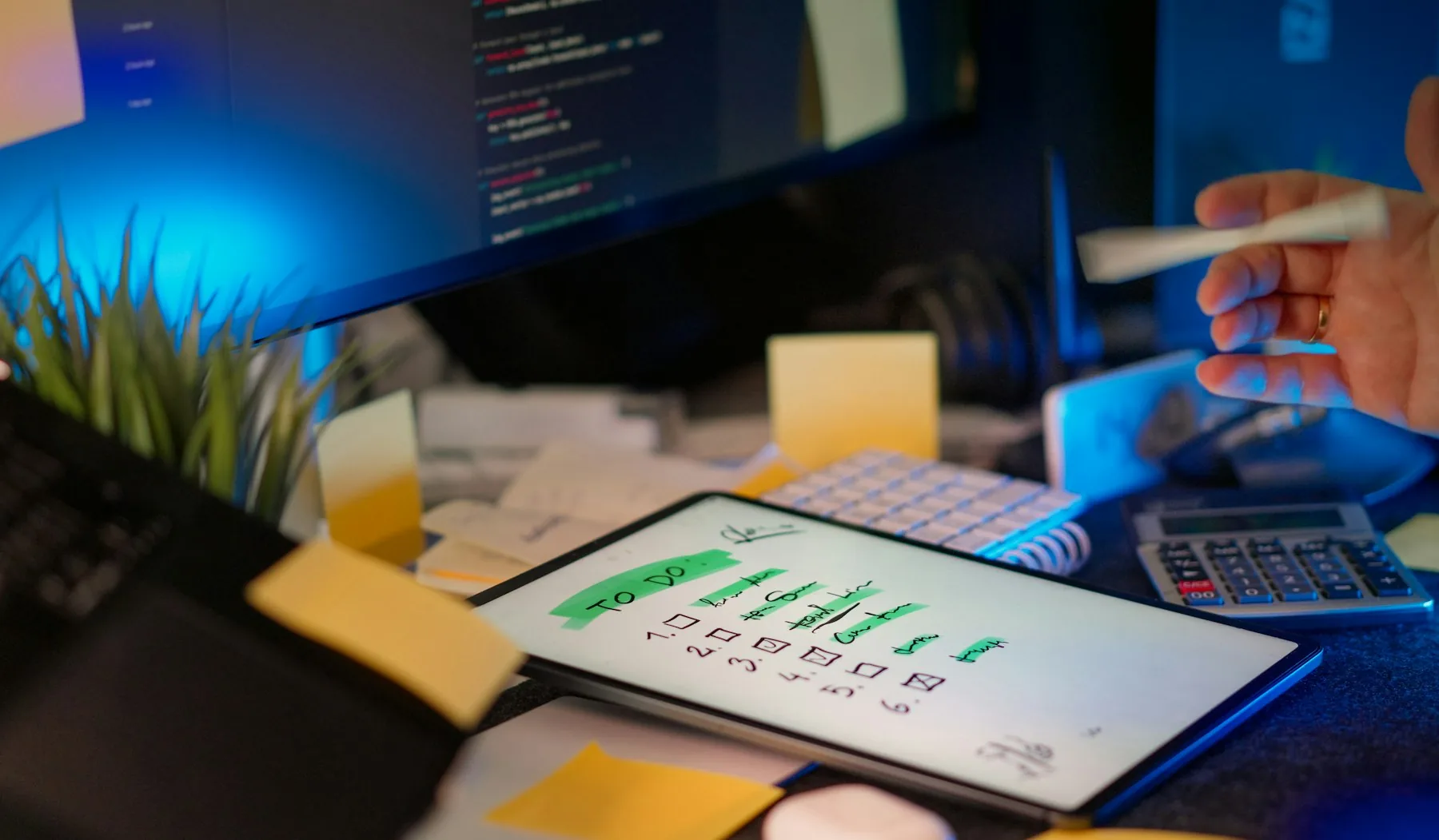 A developer's dark desk setup with code on a monitor and a task list on a tablet