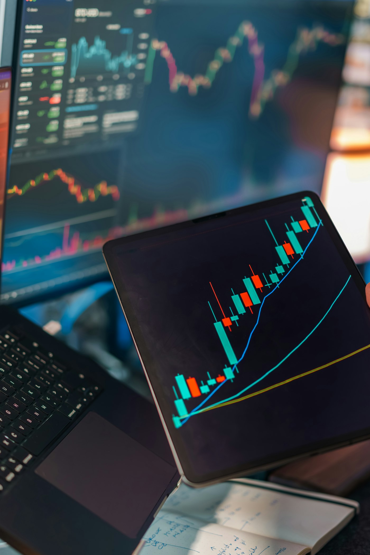 A candlestick price chart held up on a tablet in front of two monitors of trading data