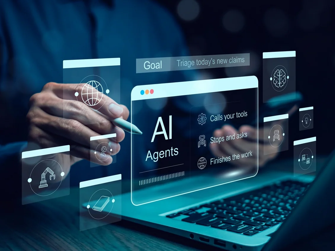 A person with a stylus at a laptop, facing a floating AI Agents panel: the goal Triage today's new claims, then Calls your tools, Stops and asks, and Finishes the work