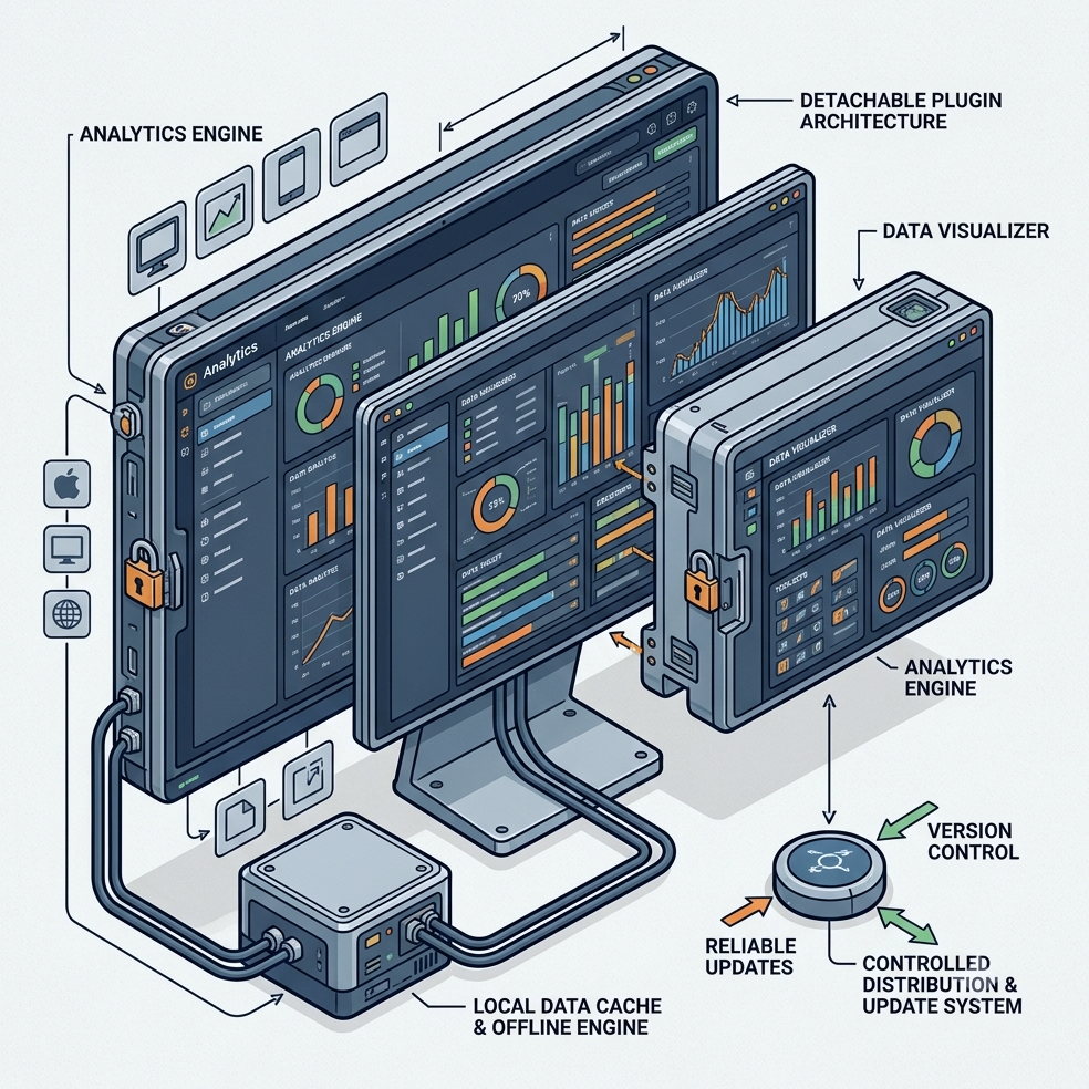Isometric diagram of desktop applications: analytics and data-visualiser windows built on a detachable plugin architecture, backed by a local offline data cache and a controlled version-control and update distribution system