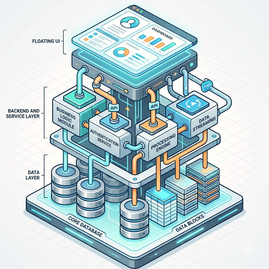 Isometric diagram of a full-stack platform in layers: a floating dashboard UI on top, a backend and service layer of connected modules (business logic, authentication, a processing engine, data streaming) in the middle, and a data layer of databases and data blocks below, wired together end to end