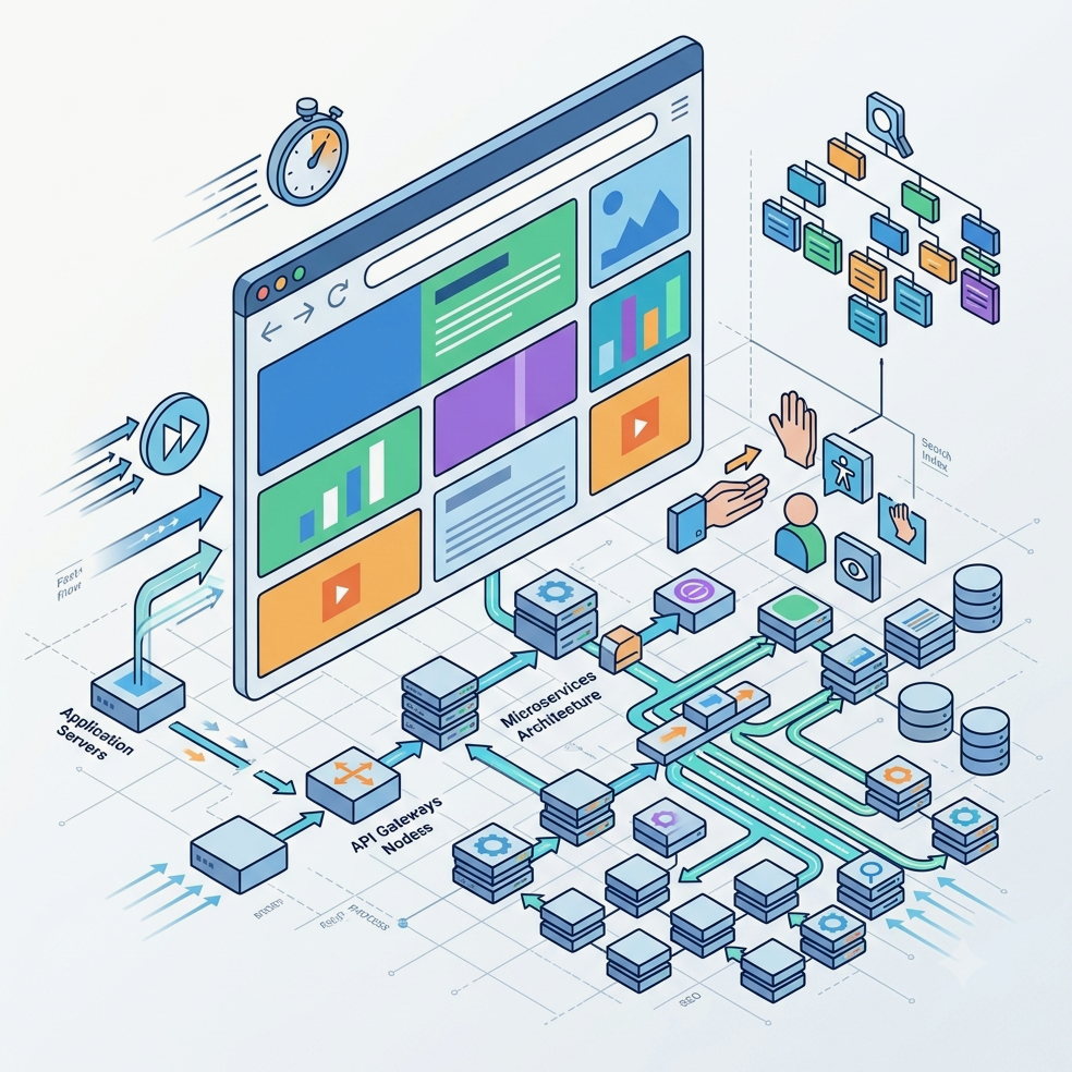 Isometric diagram of a web application: a browser window of content tiles above a fabric of application servers, API gateways and microservice nodes connecting through to databases and a search index