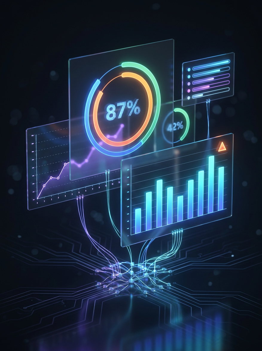Glowing holographic BI dashboard: a large percentage ring, a trend line and bar-chart panels wired together above a circuit-board surface