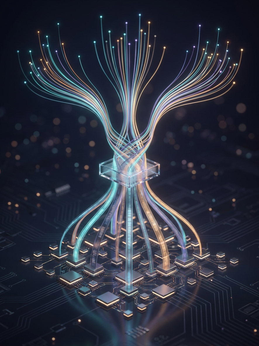 Many glowing data streams converging through a funnel into a grid of chips on a circuit-board surface, illustrating pipeline consolidation