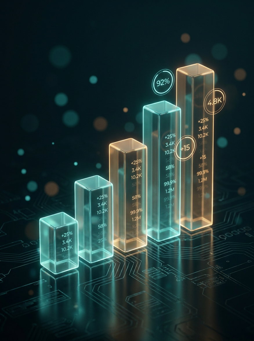 Glowing 3D glass bar chart rising left to right, each bar annotated with holographic data labels and percentage badges