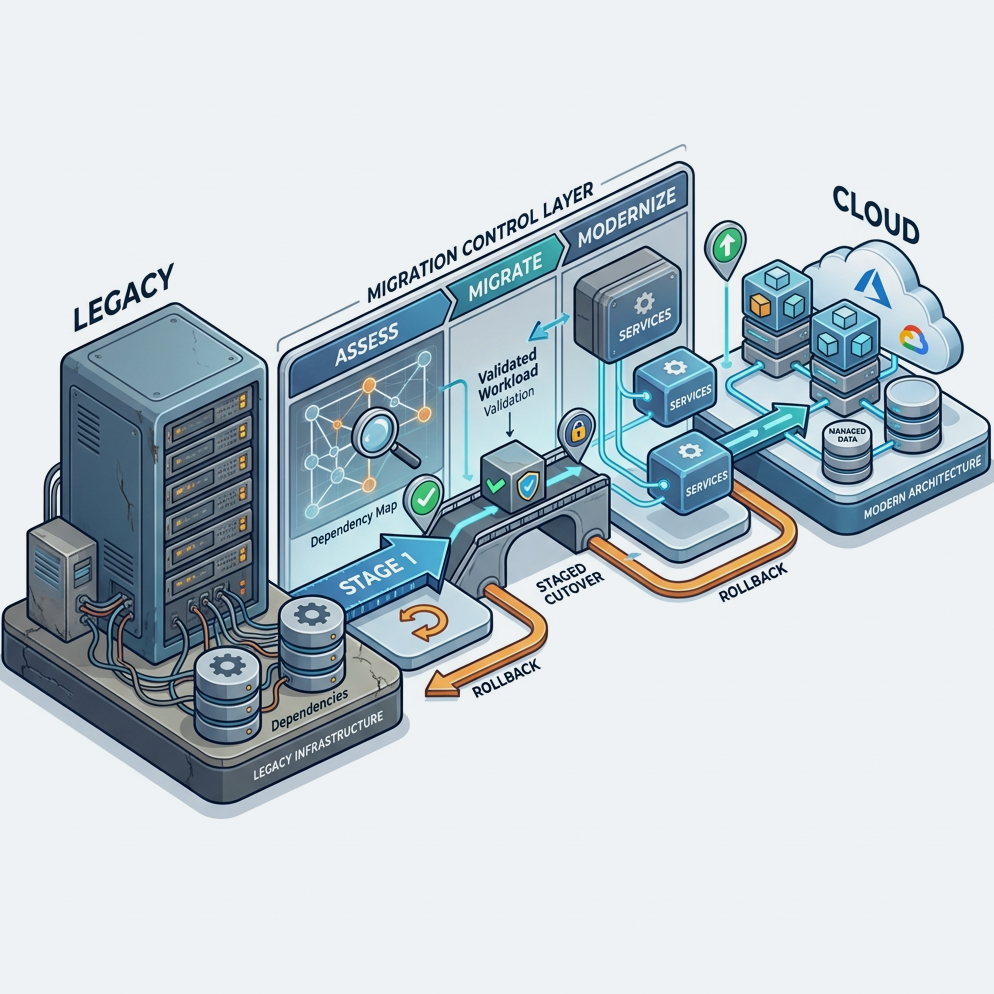 Isometric diagram of a staged cloud migration: a legacy server estate on the left, a migration control layer that assesses dependencies, migrates a validated workload and modernises it, each stage with a rollback path, landing on a modern cloud architecture