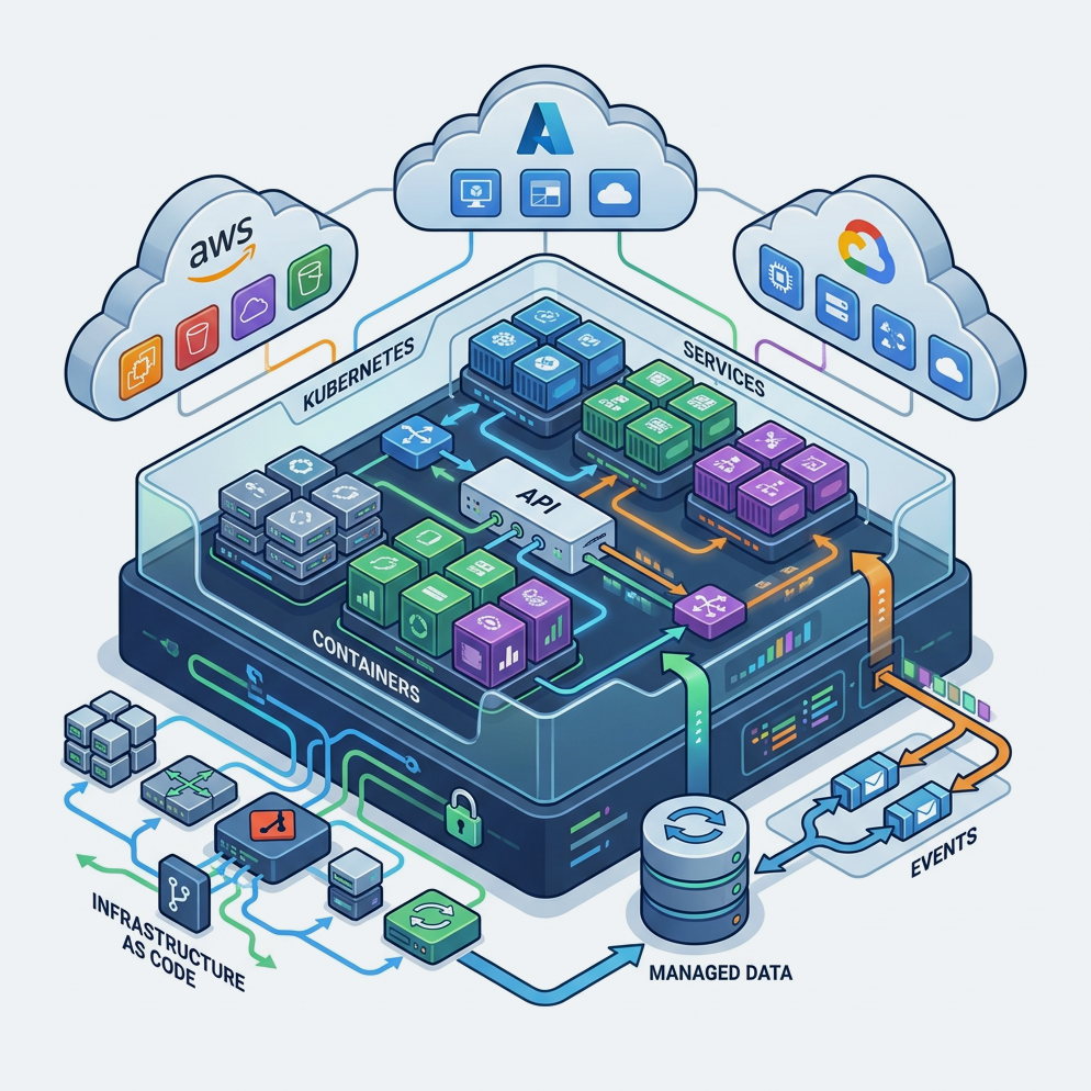 Isometric diagram of a cloud-native platform: containerised services and Kubernetes workloads on a managed platform, fed by AWS, Azure and Google Cloud, with infrastructure as code, managed data and an event stream wired around it