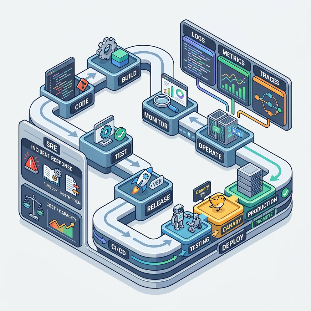 Isometric diagram of the DevOps loop: code, build, test, release and deploy through testing, canary and production, then operate and monitor with logs, metrics and traces, ringed by CI/CD and SRE practices — incident response, runbooks, postmortems and cost and capacity