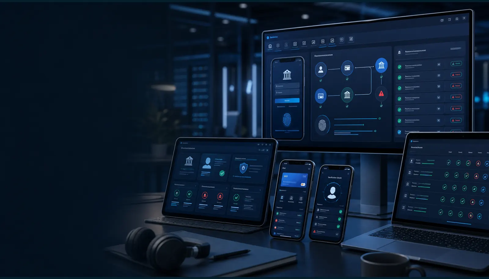 Dark fintech dashboard mockup across a monitor, tablet and phones, showing identity verification, a bank icon and pass/fail checklist rows